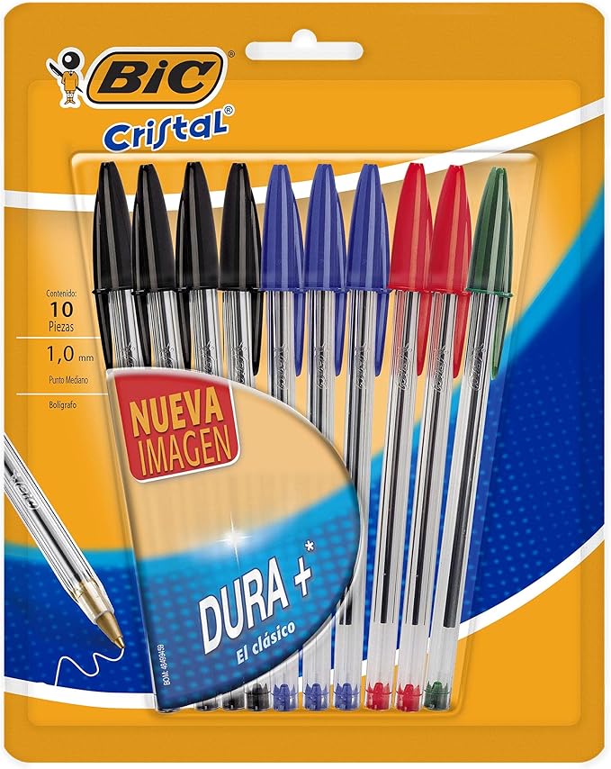 BIC, Bolígrafo de Punto Mediano, Pluma Clásica, Cristal Dura +, Surtido de 4 Colores, 10 piezas